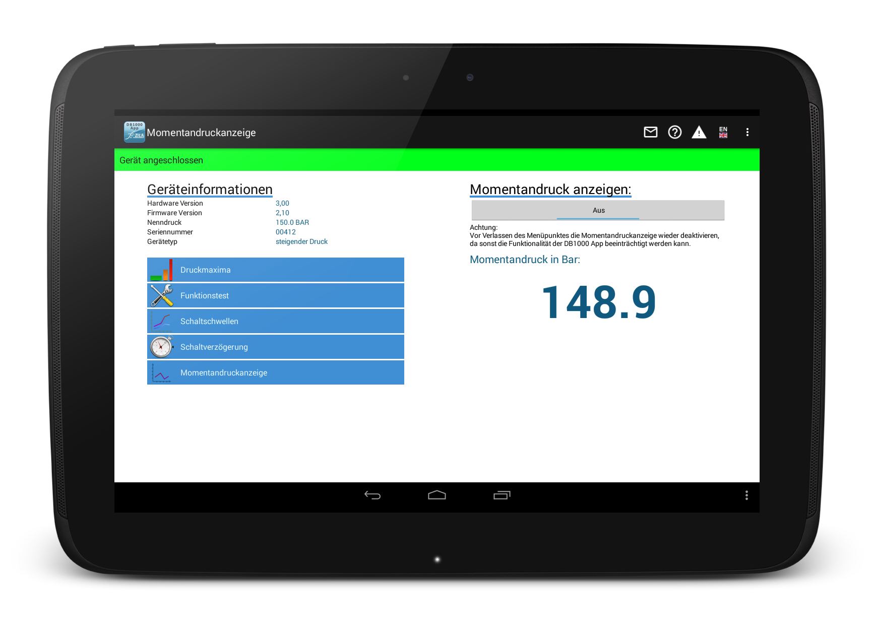 Momentandruckanzeige in der DB1000 App DB1000 App Momentandruckanzeige